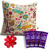 Doodle Art Printed Cushion with 4 Cadbury Dairy Milk Chocolates Gift For Boyfriend
